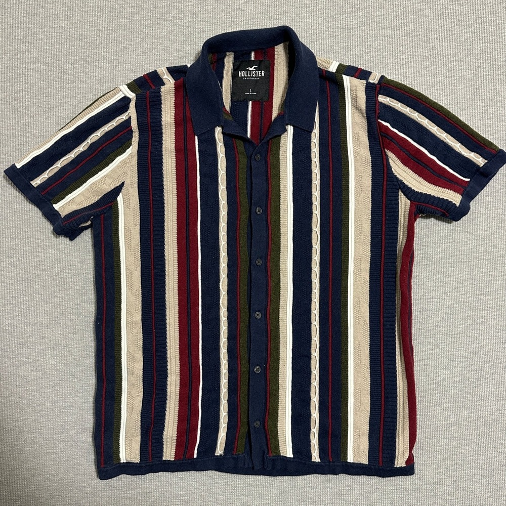 Hollister Vertical Stripe Knit Button Up Polo Shirt Navy Burgundy Mens Size L